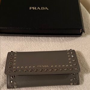 Prada Gray Saffiano Wallet with Stud Accents